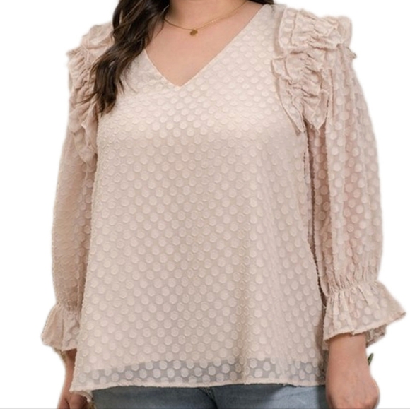 Perch Tops - Perch by Blu Pepper Cream Dotted Ruffle Sleeve Blouse, Size 1X